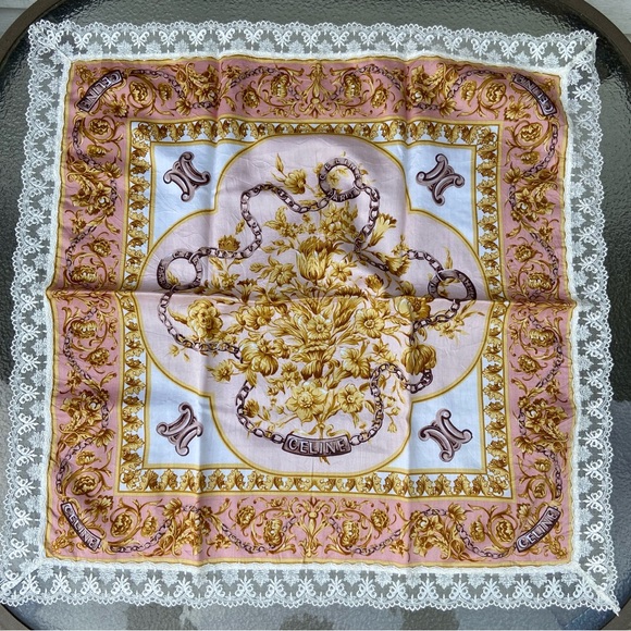 CELINE Vintage Baroque Floral and Chain Motif Scarf with Lace Trim - Picture 1 of 10